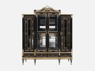 Front view of C-077 alcohol cabinet — beech wood carved frame, gold leaf accents, glass doors, and French Neoclassical design