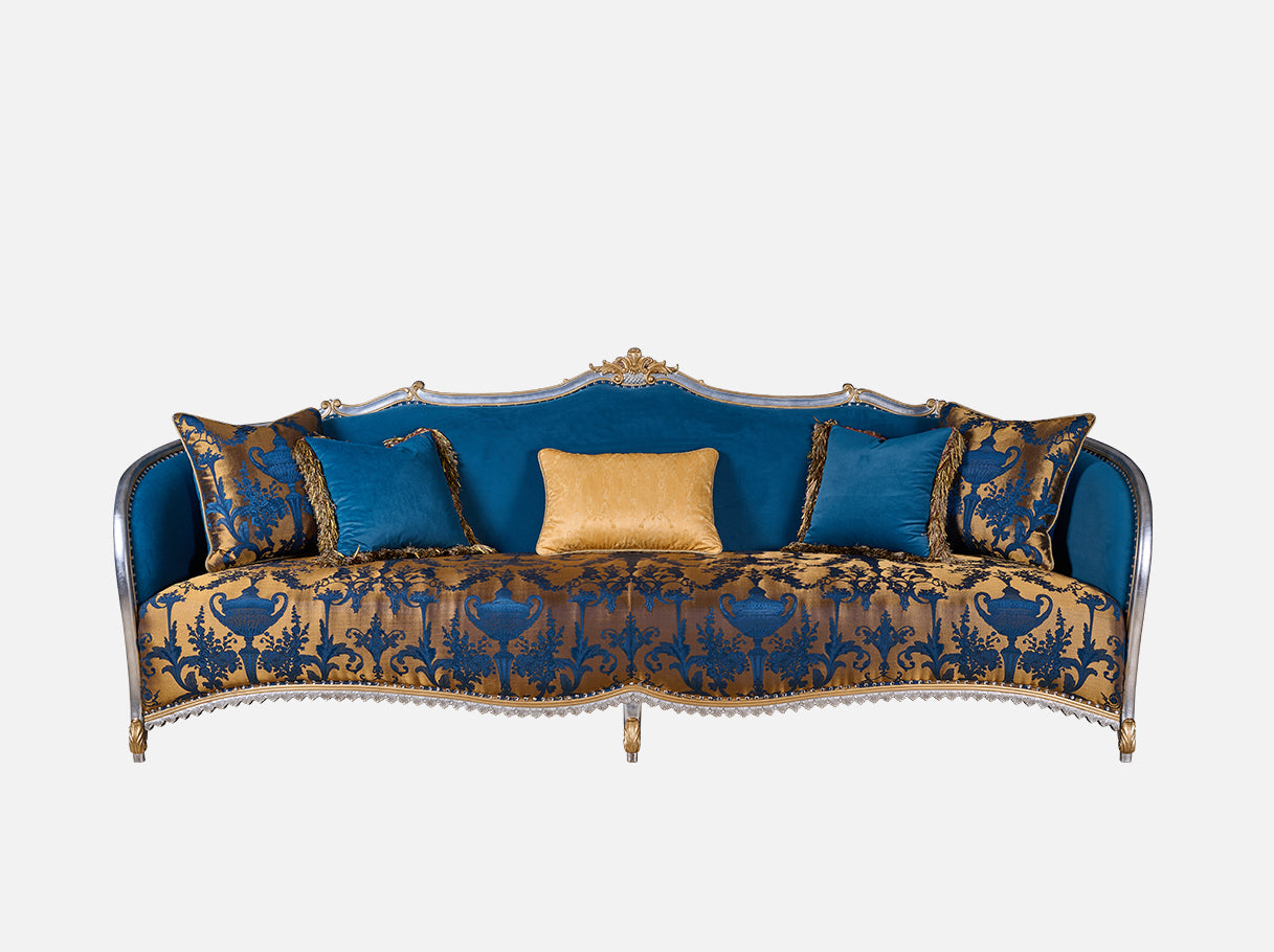 Full view of S-1186-13 luxury sofa couch: Solid beech wood carvings (gold-silver foil), blue velvet/gold jacquard, and crystal studs. 
