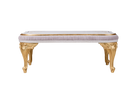 Front view of Unique Coffee Table CT-725 — beech wood gold leaf carvings, hand-painted top, pleated velvet trim