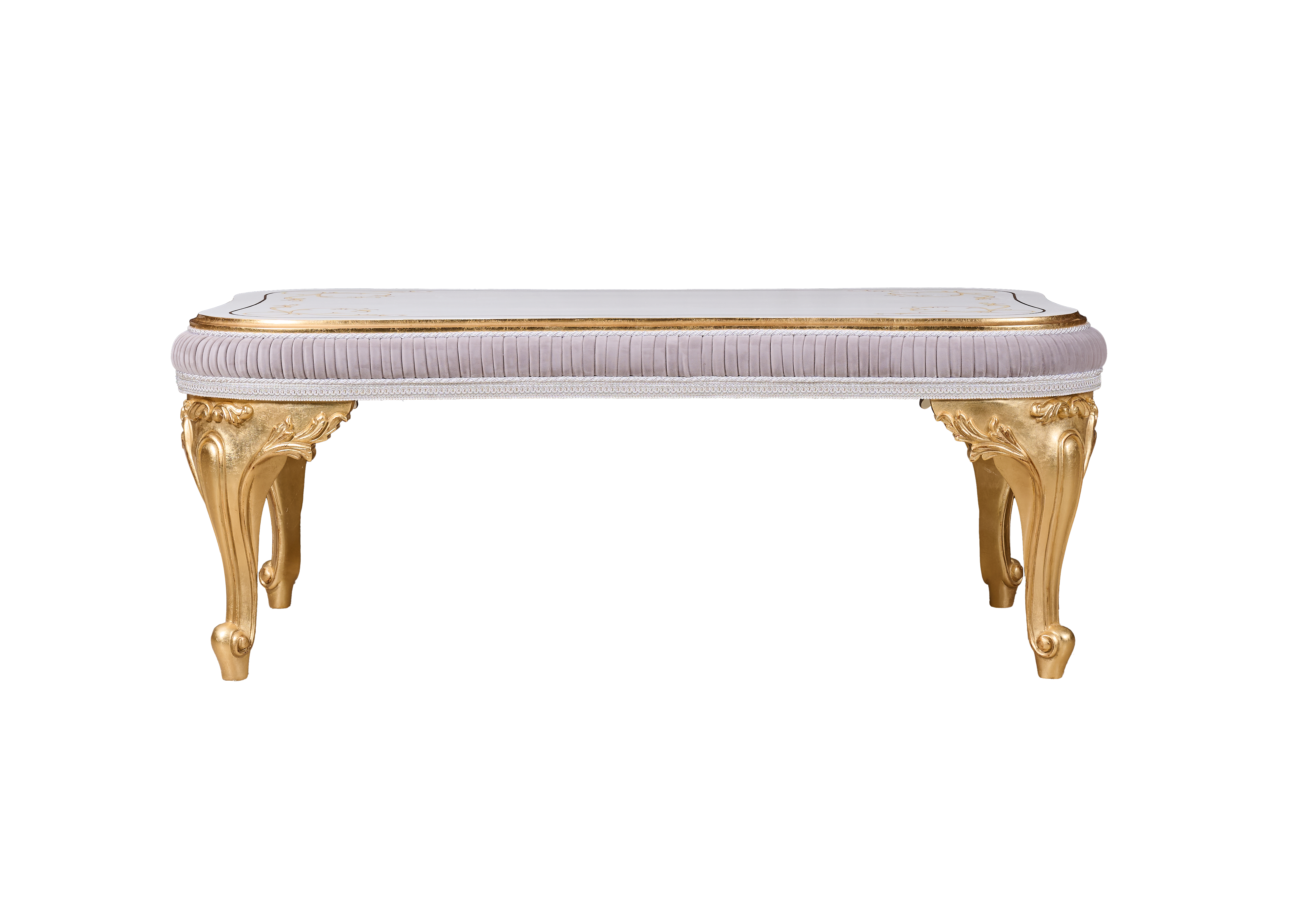Front view of Unique Coffee Table CT-725 — beech wood gold leaf carvings, hand-painted top, pleated velvet trim