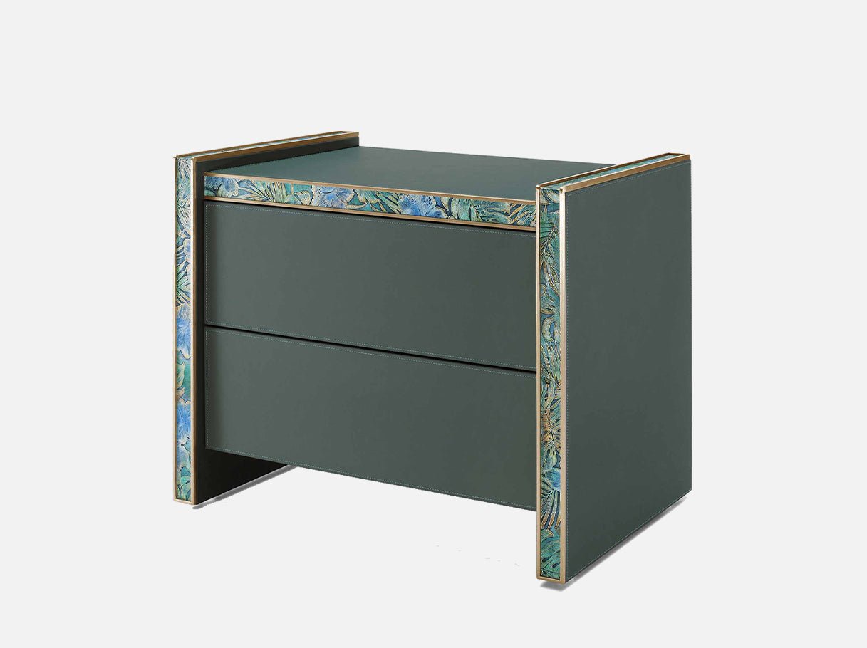 Side angle view of Modern Art Deco nightstand in green finish
