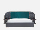 Front view of MB-3167-2 art deco bed — high-end bed with fan-shaped teal velvet headboard, embossed leather trim, and brass-plated accents