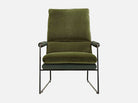 Front view of Art Deco Chair MA-2986 with brushed black-gold frame and soft velvet cushions