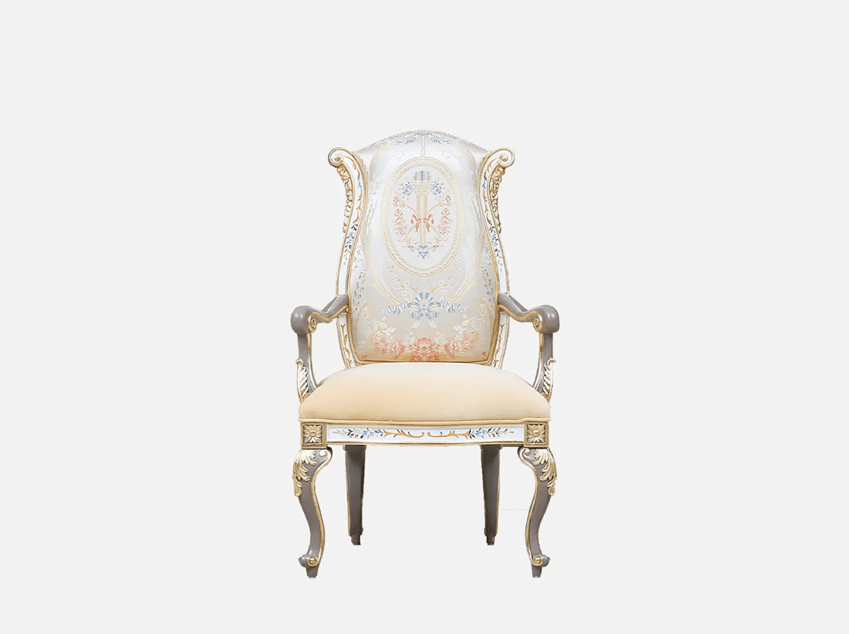 Solid wood dining chair AC-0421 front view: Beech wood carving, gold leaf accents, plush velvet seat – ideal for high end furniture