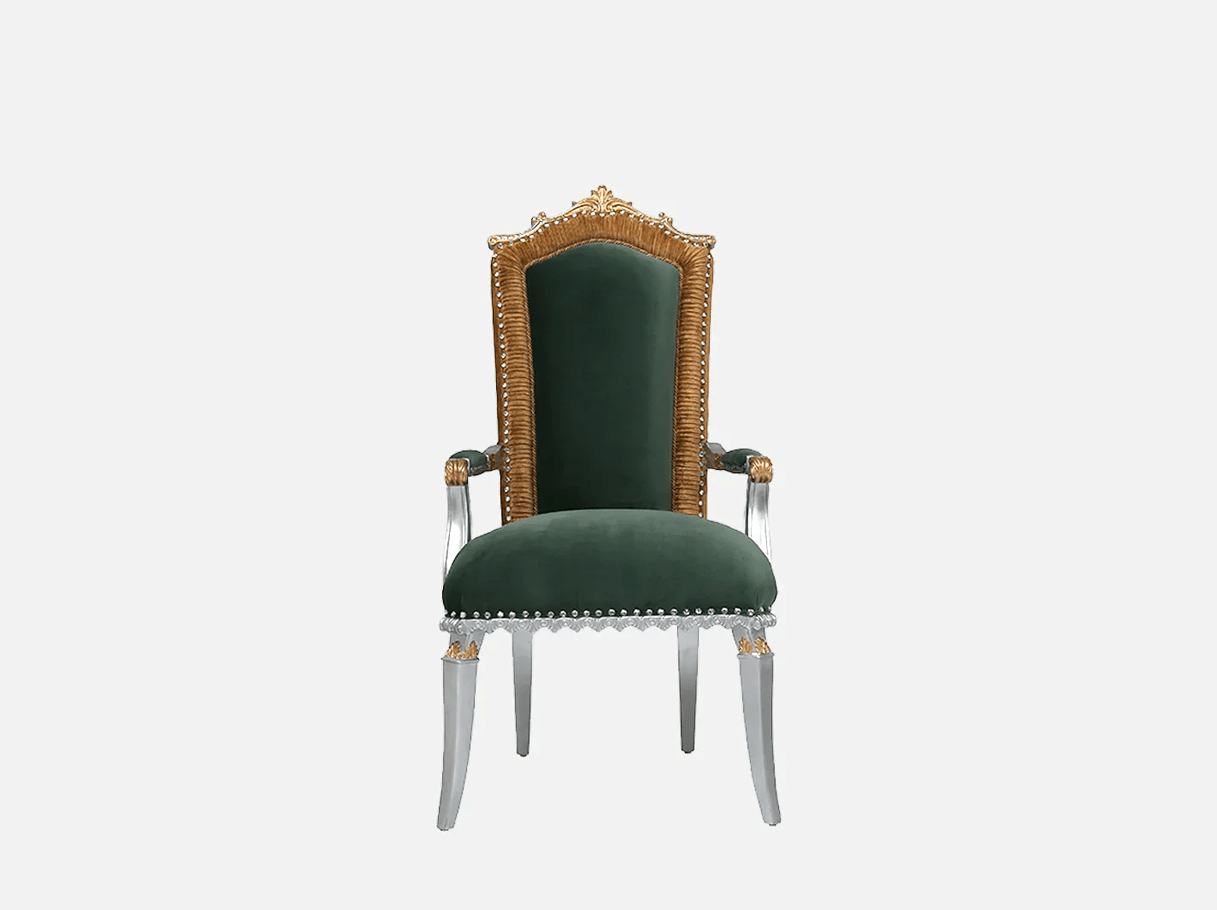 Green dining chair AC-086 front view: Beech wood frame, gold leaf, dark green velvet – ideal for high end furniture