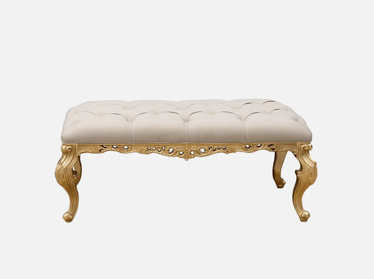 White bedroom bench BE-201 with hand-carved beechwood frame and genuine leather seat