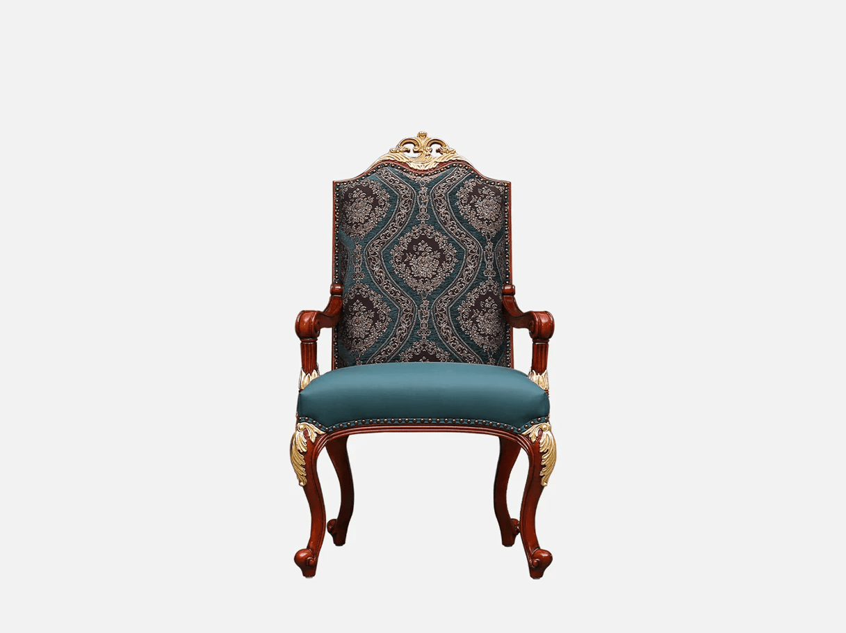 Dining chair with arms AC-268 front view: Beech wood frame, gold leaf accents, leather seat – ideal for high end furniture