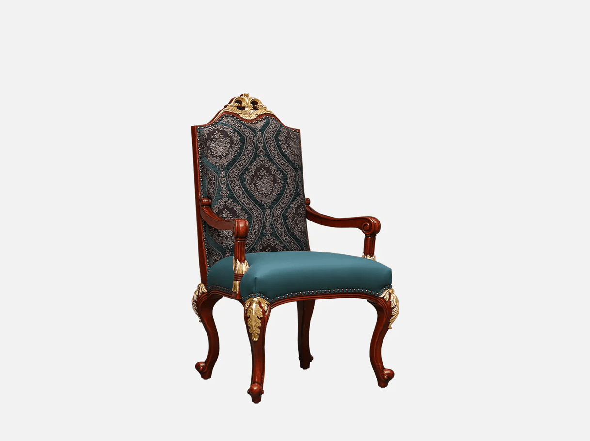AC-268 dining chair with arms side view: Carved arms, dual leather/jacquard upholstery, french style detailing – exemplifying elegance