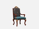 AC-268 dining chair with arms side view: Carved arms, dual leather/jacquard upholstery, french style detailing – exemplifying elegance