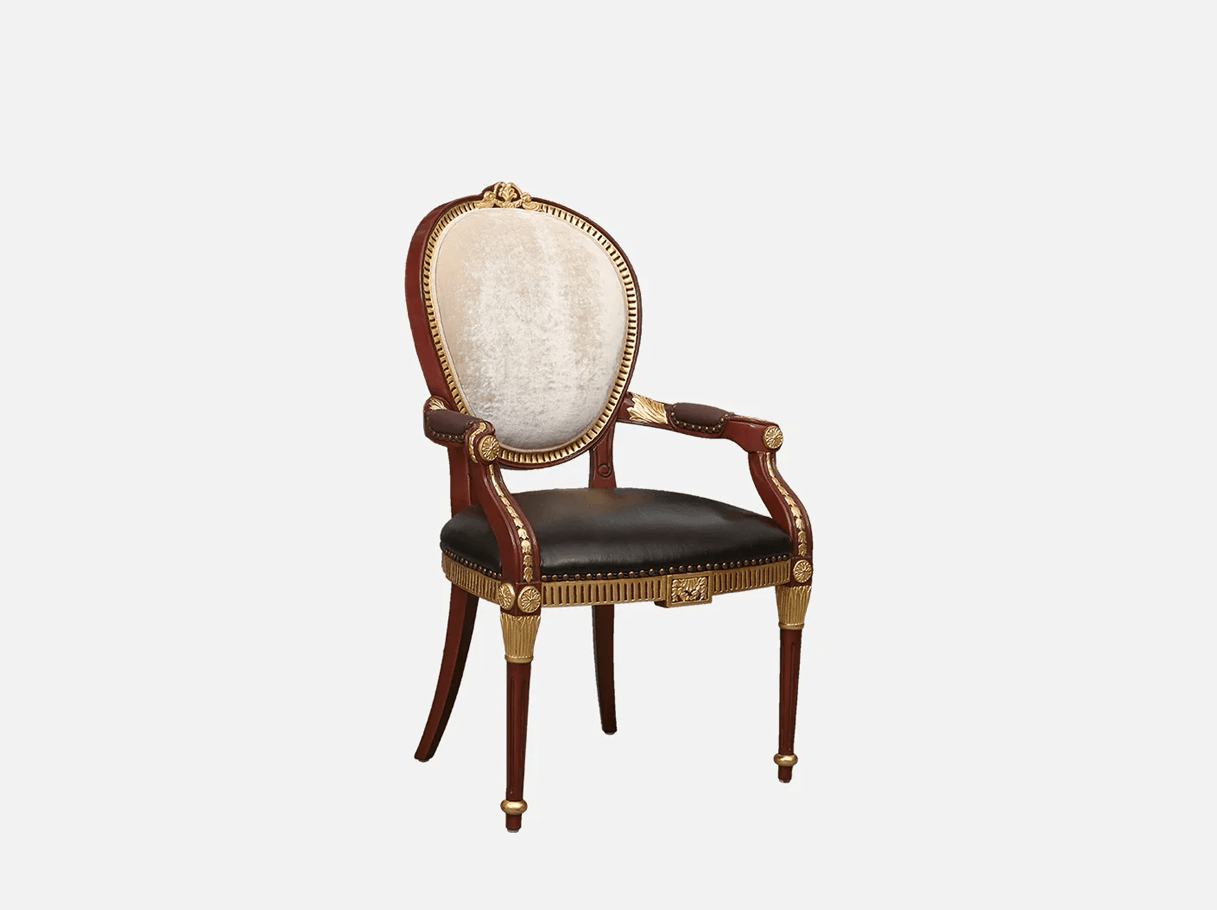 AC-369 brown leather dining chair side view: Carved arms, dual leather/velvet upholstery, french style detailing – exemplifying elegance