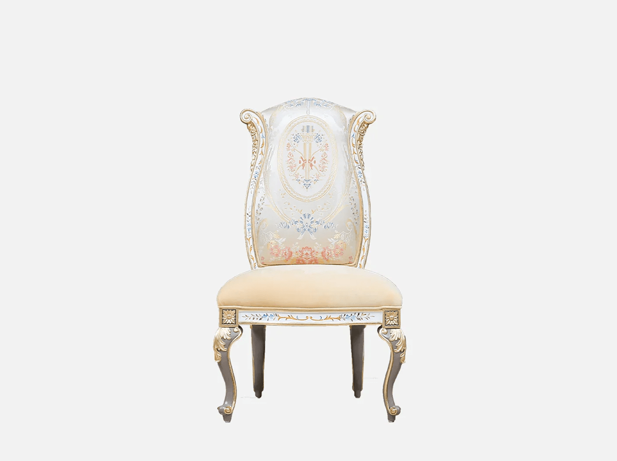 Solid wood dining chair DC-0421 front view: Beech wood carving, gold leaf accents, plush velvet seat – ideal for high end furniture