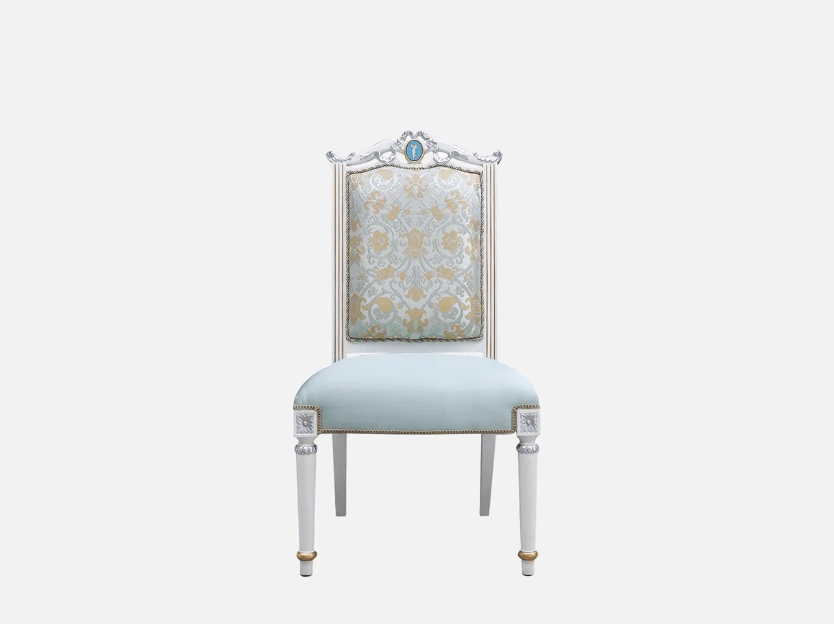Upholstered dining chair DC-078 front view: Beech wood carving, french style gold leaf accents – ideal for high end furniture spaces