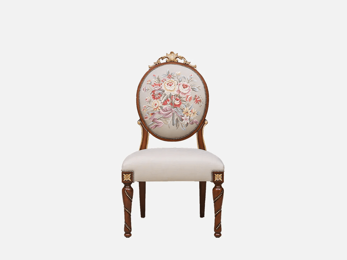 Dining chair DC-082 front view: Beech wood frame, floral jacquard back, velvet seat – ideal for high end furniture 