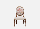 Dining chair DC-082 front view: Beech wood frame, floral jacquard back, velvet seat – ideal for high end furniture 