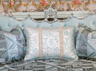 Decorative pillow detail of French sofa S-1124 showing layered jacquard patterns.
