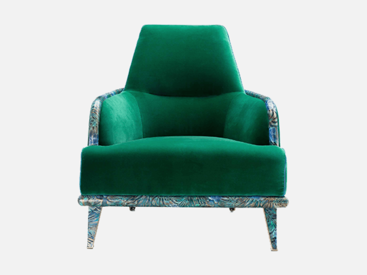 Front view of Art Deco velvet armchair MA-2586 with green upholstery and brass accents
