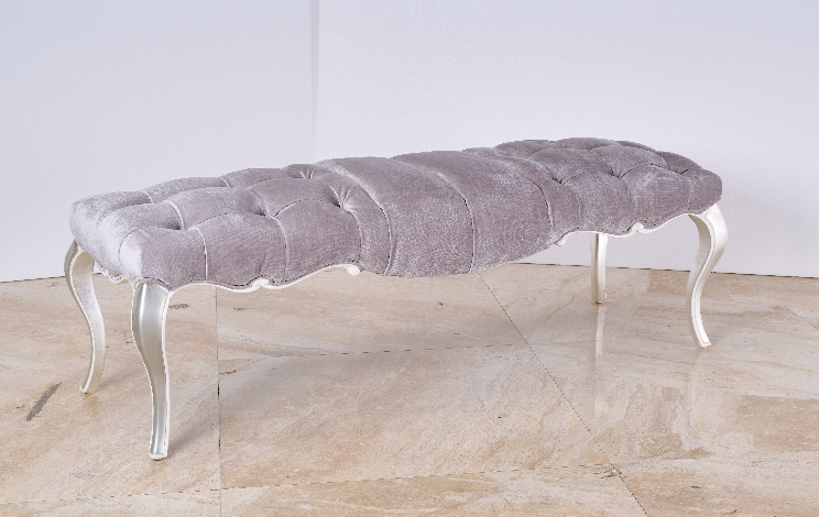 Angle view of BE-058 bed bench showcasing elongated silhouette and French provincial design details