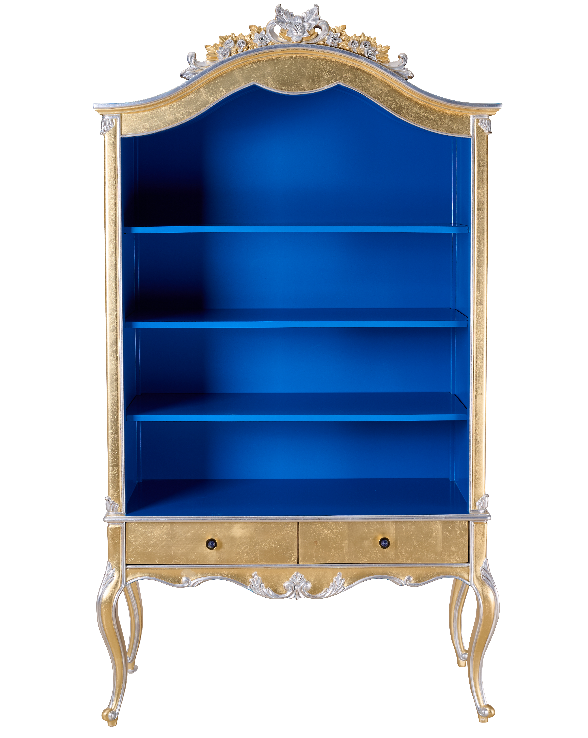 Front view of C-056 Alcohol Display Cabinet — beech wood gold & silver leaf carvings, deep blue interior