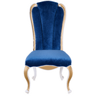 Front view of Tufted Dining Chair DC-073 — beech wood gold leaf carvings, deep blue velvet upholstery, tufted backrest