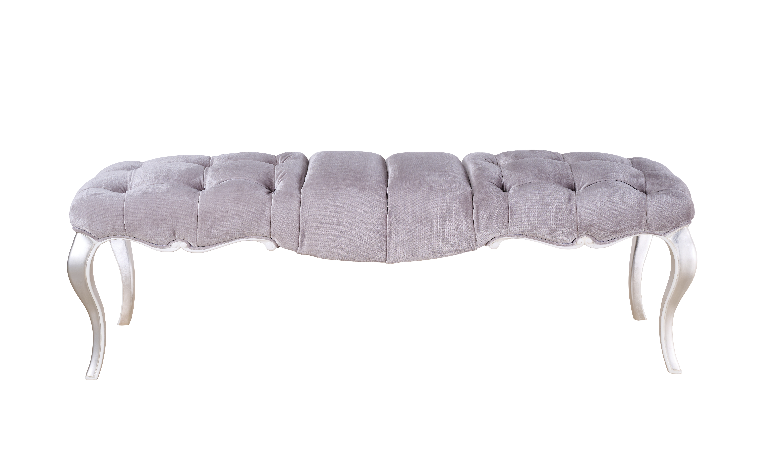 Front view of BE-058 bedroom bed bench — beech wood relief carvings, silver leaf finish, plush gray velvet upholstery